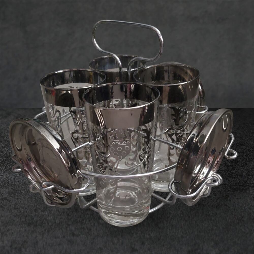 COPY - Mid Century Kimiko Highball Glasses Silver Knights Caddy & Coasters MCM …